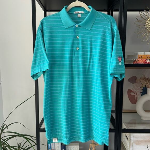 Peter Millar Green Blue Striped Short Sleeve Pullover Golf Polo Men’s Medium - Picture 1 of 6